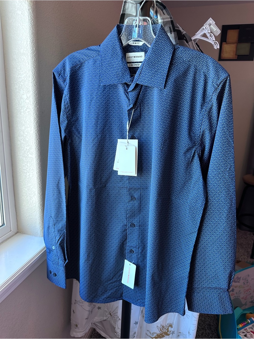 Lucky Brand Men's Navy Micro-Pattern Long Sleeve Dress Shirt
